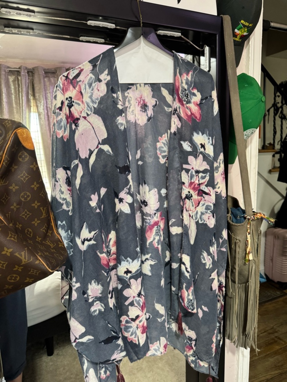 Floral Open-Front Kimono in Charcoal and Blush